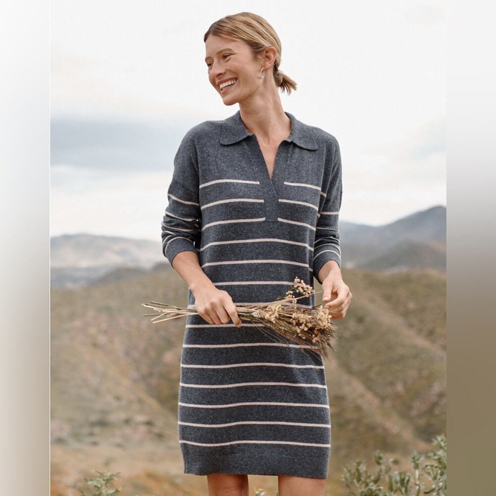 NWT Garnet Hill Frida 100% Cashmere Gray Striped Long Sleeve Polo Dress Size Med